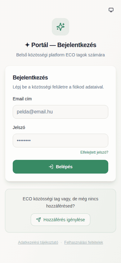 Bejelentkezés mobil nézetben